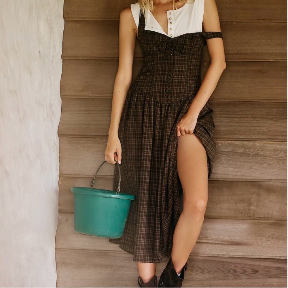 For Love & Lemons Brown Plaid Strapless Sundress